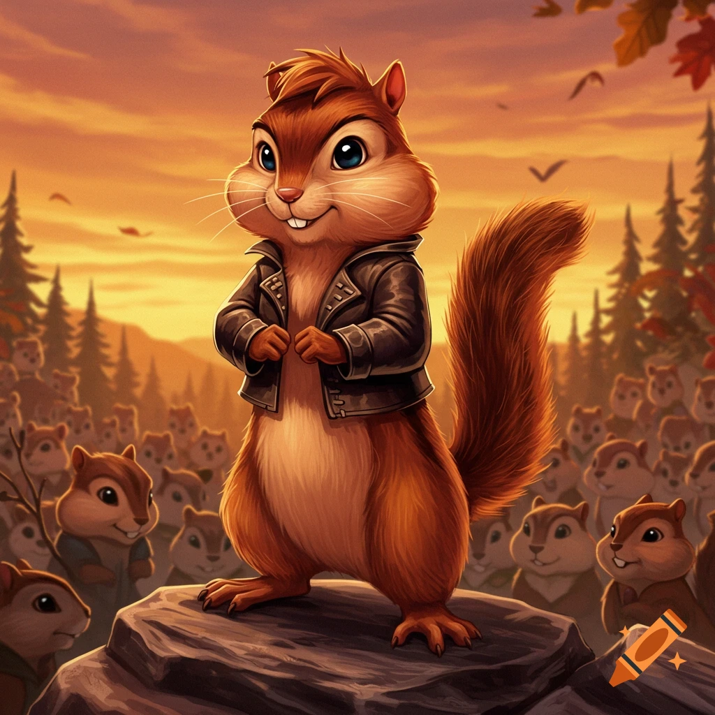A cartoon chipmunk in a leather jacket stands on a rock before a crowd of chipmunks at sunset.