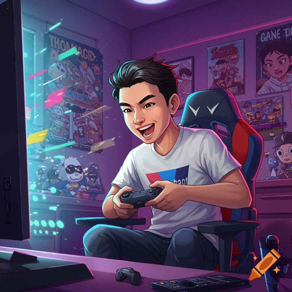 Young man plays video games in a colorful gaming room, digital cartoon style.
