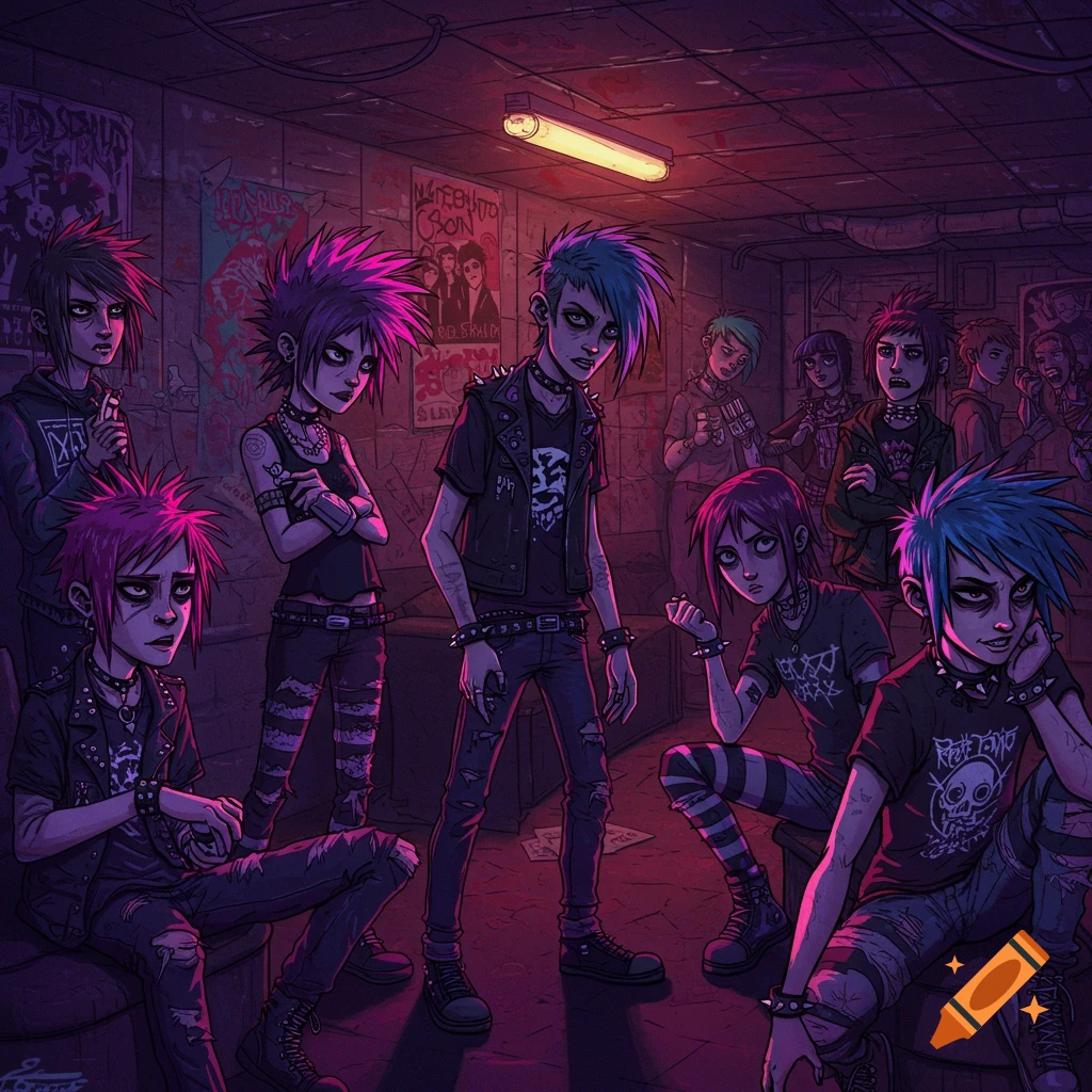 A group of young people in punk/scene style gather in a dimly lit room with posters.