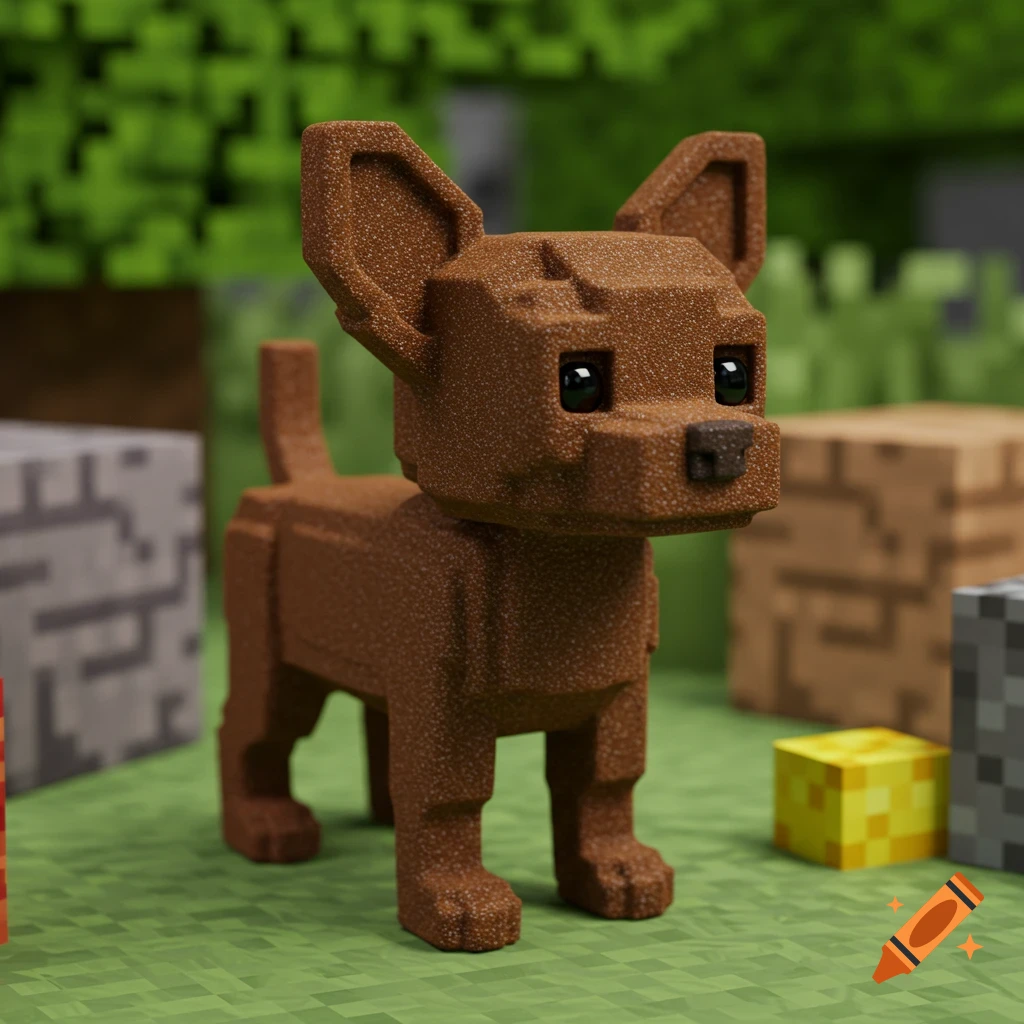A small blocky brown chihuahua dog stands in a Minecraft-like world of blocky grass and terrain.