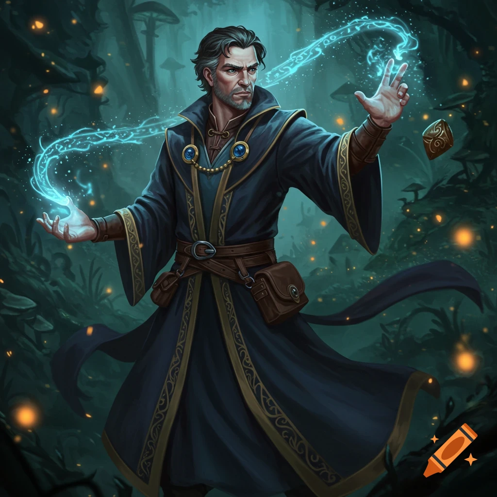 A fantasy wizard casting a blue spell in a dark forest