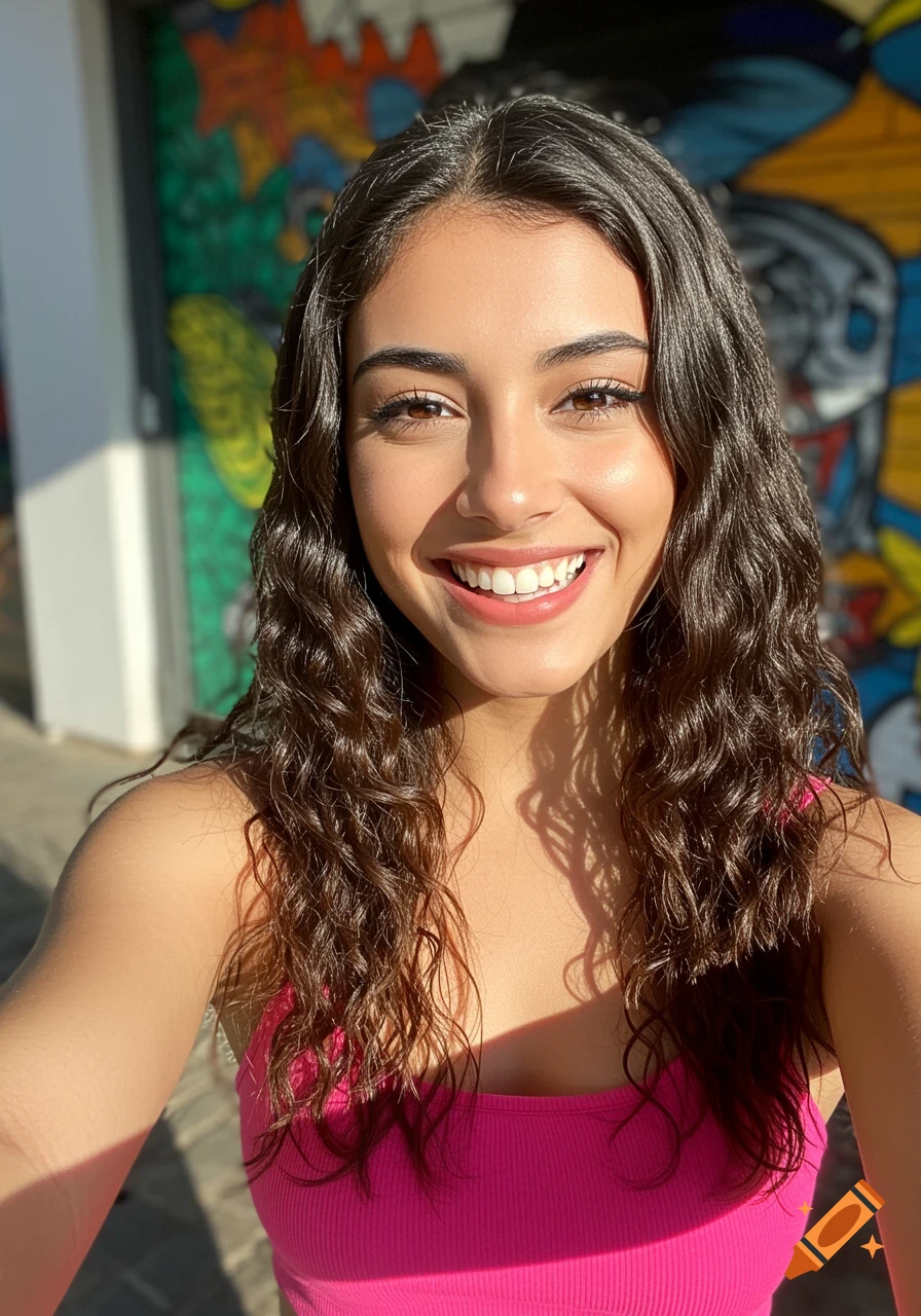 Young woman taking a selfie, smiling with long curly hair, wearing a pink top, with a blurred mural background.