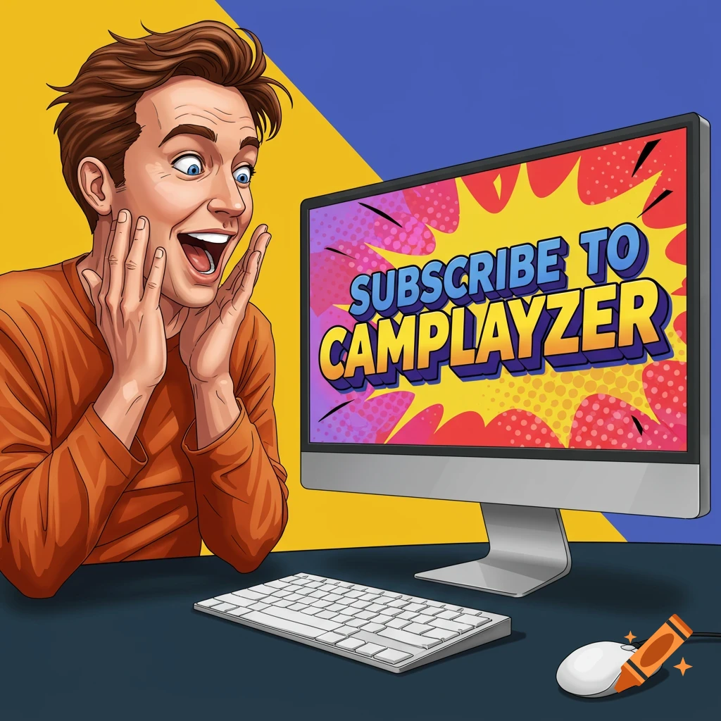 A surprised man reacts to a computer monitor displaying 'SUBSCRIBE TO CAMPLAYZER'.