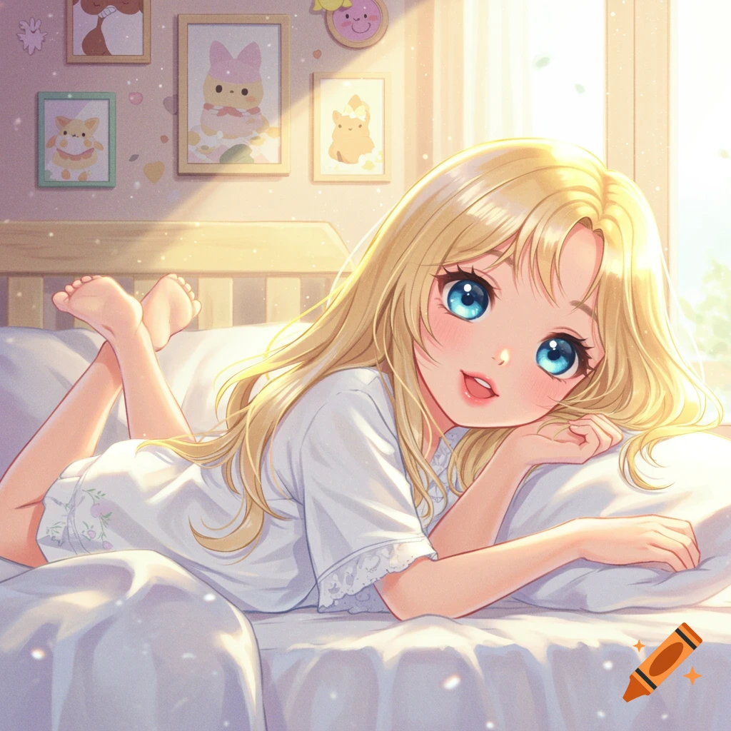 Anime of a young girl with blonde hair and blue eyes lying on a bed in a sunlit bedroom.