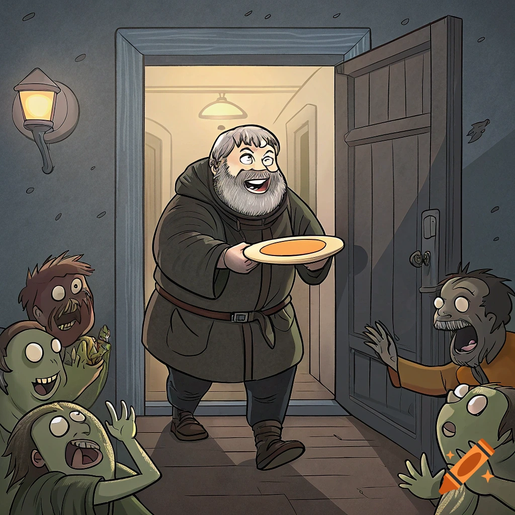 Cartoon man holding a plate opens a door to a horde of cartoon zombies.