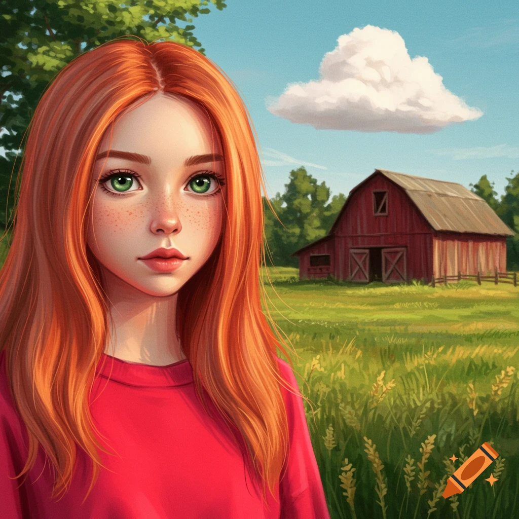 A girl with red hair and green eyes stands in a farm field with a barn.