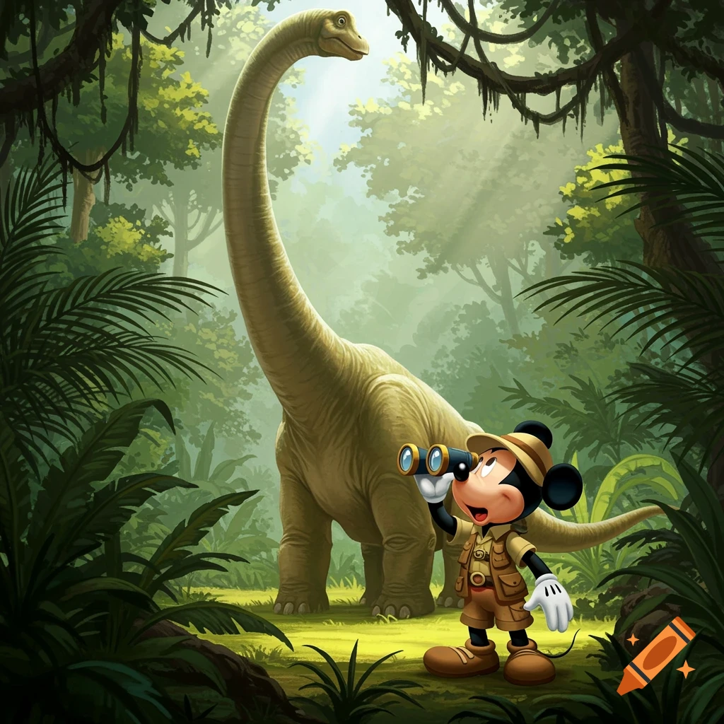 Mickey Mouse explorer with binoculars looks at a Brachiosaurus dinosaur ...
