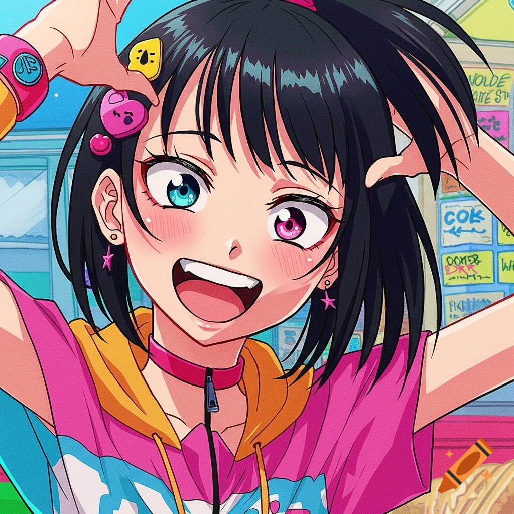 Anime girl with different colored eyes making a heart shape, smiling excitedly