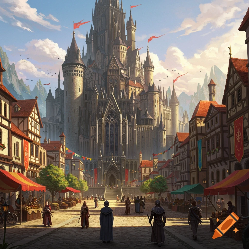 A large fantasy castle towers over a busy city street and market square.