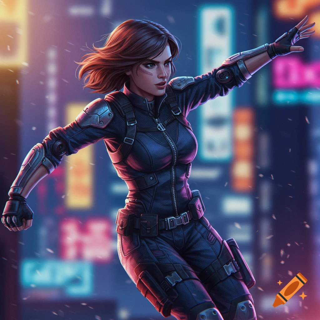 A woman in tactical gear jumps in a neon-lit city.