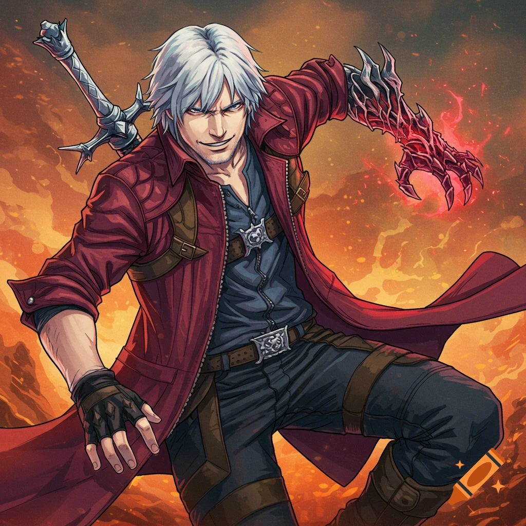 Digital art of Dante from Devil May Cry in a red coat with a demon arm and sword, against a fiery background.