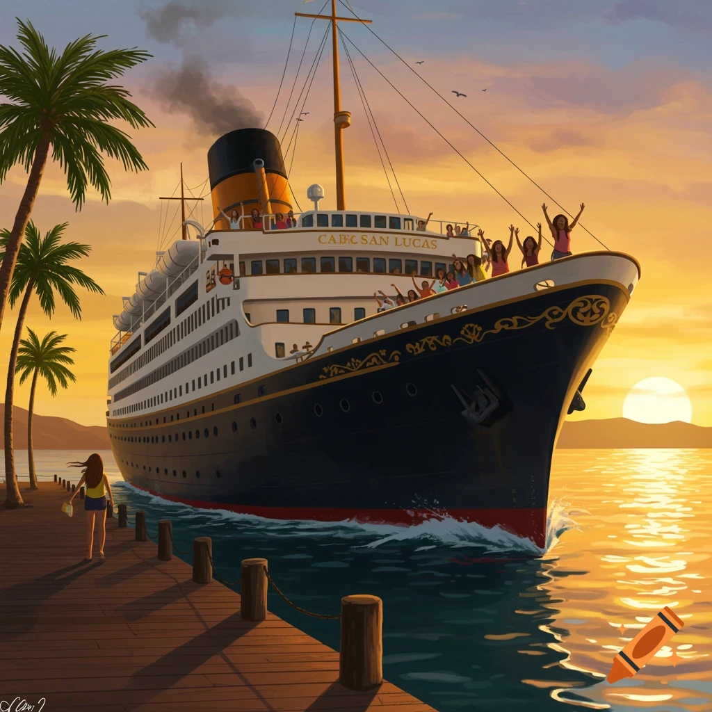 A classic cruise ship leaves a tropical dock at sunset with people waving from the deck.