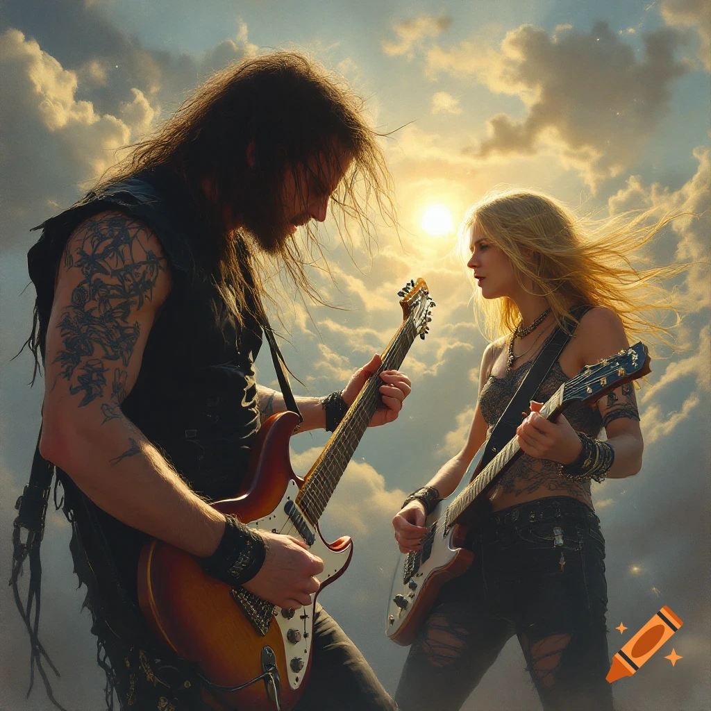 Two rock musicians play electric guitars outdoors at sunset.