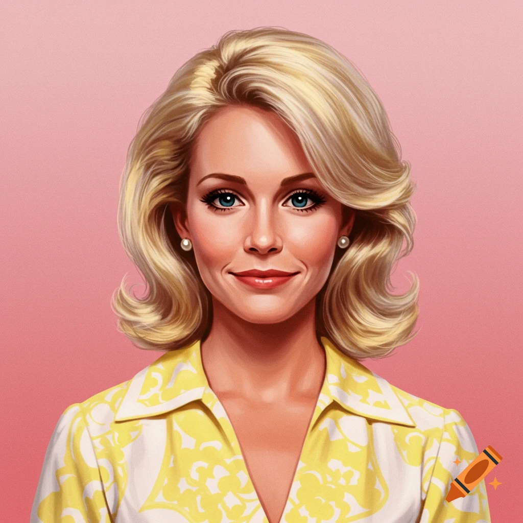Portrait of a woman with blonde hair and blue eyes, wearing a yellow and white patterned dress.