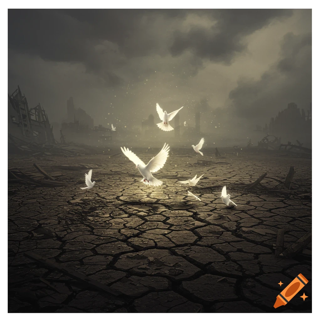 White doves fly over a dry, cracked wasteland with ruined buildings under a dark, stormy sky.