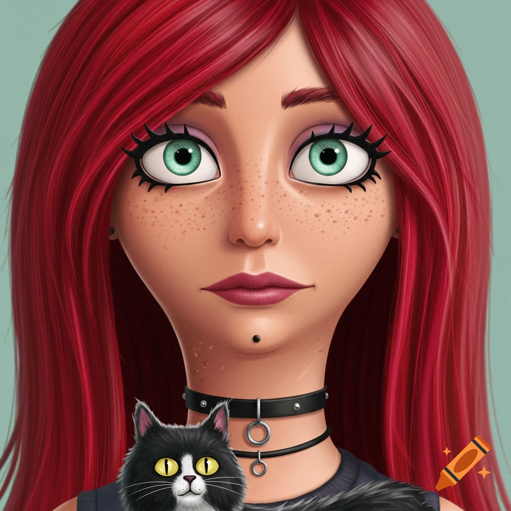 Stylized portrait of a woman with long red hair, freckles, piercings, and a choker, holding a black and white cat.