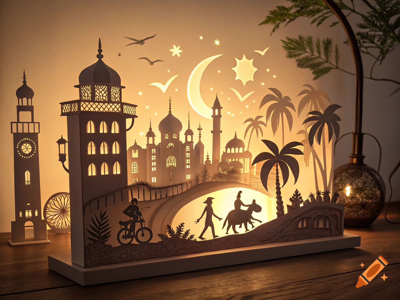 Backlit paper cutout diorama of a fantasy city silhouette with buildings, palms, people, cyclist, and crescent moon.
