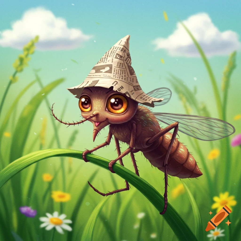 A cute cartoon mosquito wearing a newspaper hat sits on a blade of grass in a sunny field.