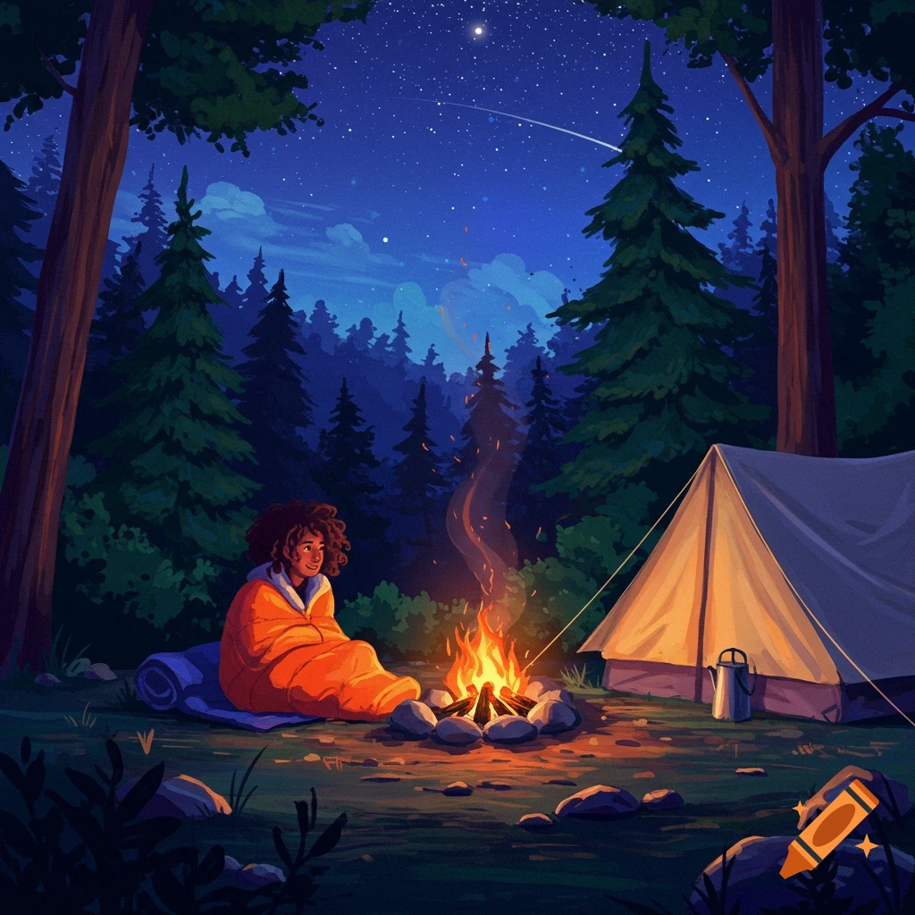 A person is camping by a fire at night under a starry sky.