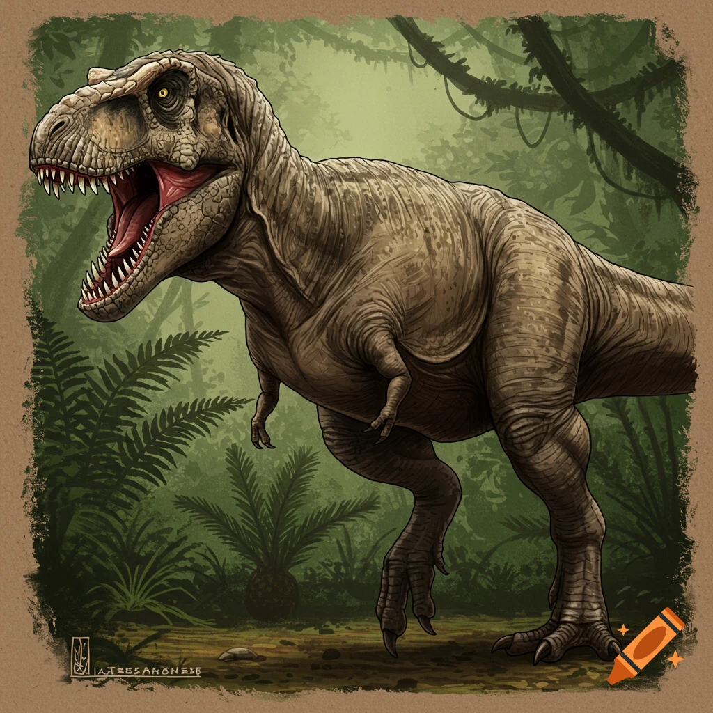 Illustration of a T-Rex roaring in a jungle