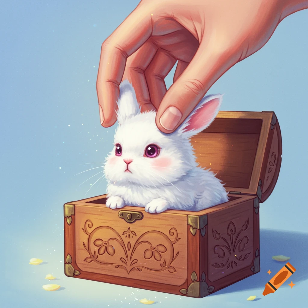A hand gently pets a white bunny sitting in an open wooden box.