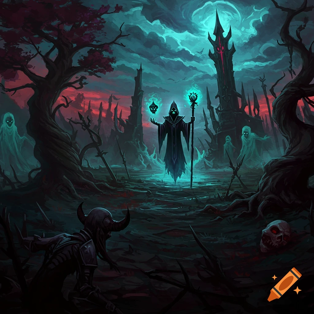 A sorcerer and ghosts in a dark fantasy landscape.