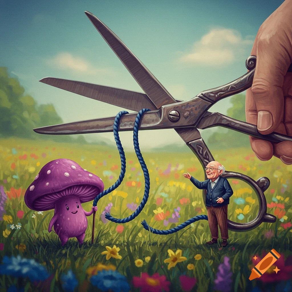 A cartoon mushroom and an old man in a flower field, connected by a string being cut by giant scissors.