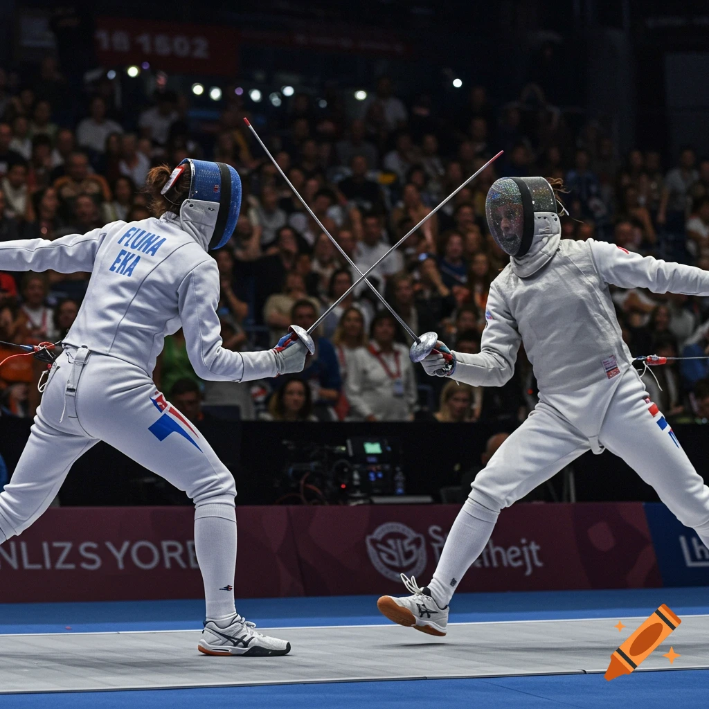 Two fencers cross swords during a bout in an arena with spectators.