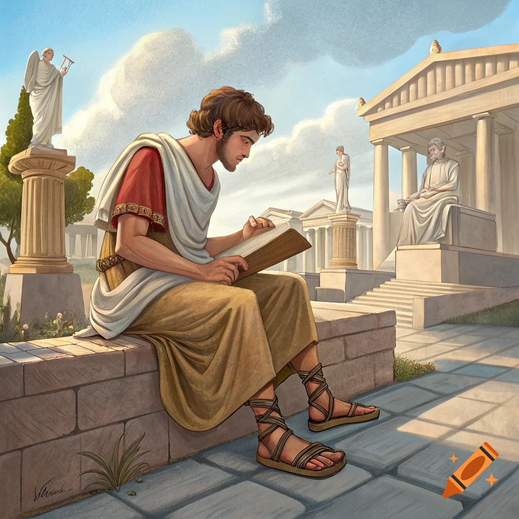 Illustration of a young man in Ancient Greek attire sitting outside a temple reading a book.