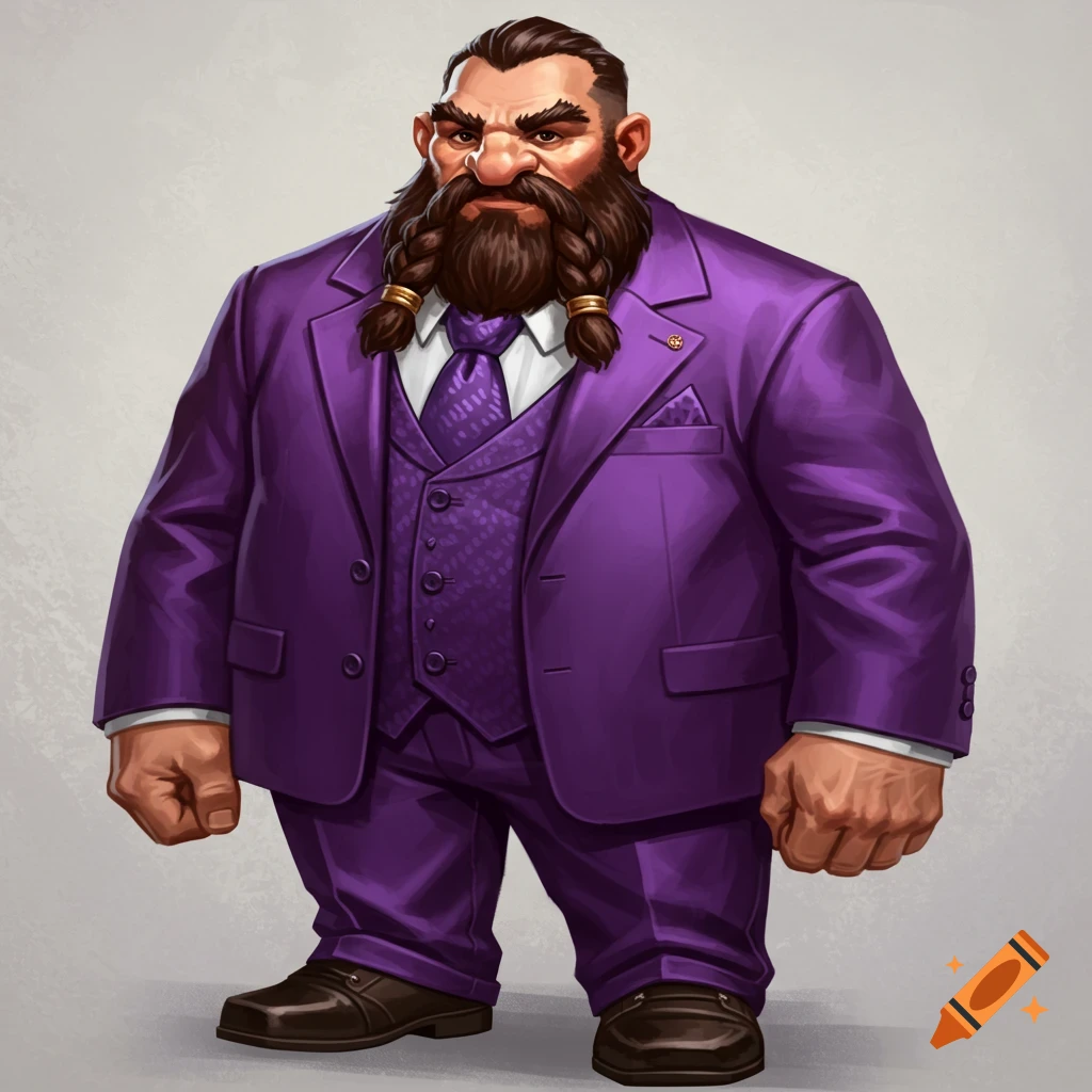 A stout dwarf man wearing a purple business suit.