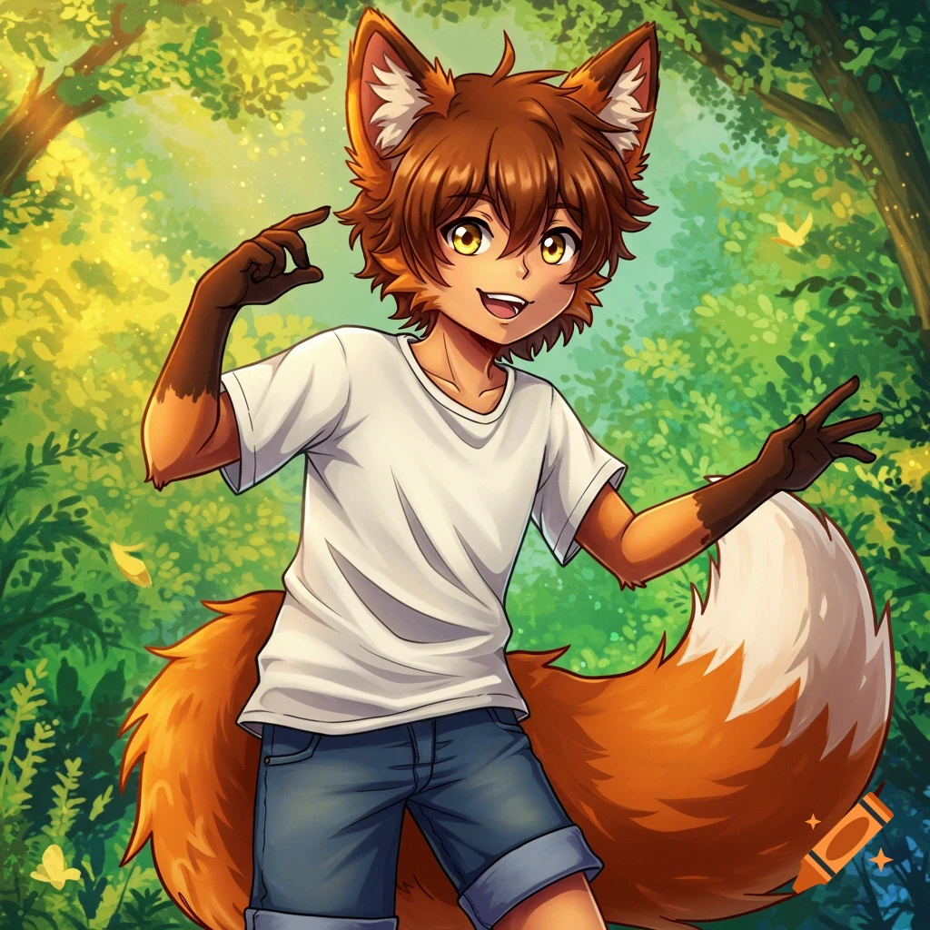Anime fox boy in a forest