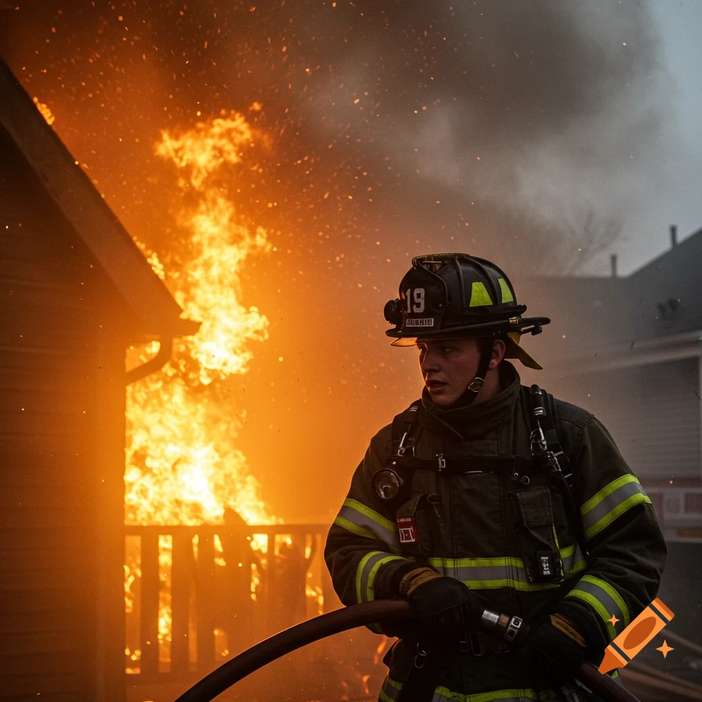 Firefighter battling a large fire erupting from a building.