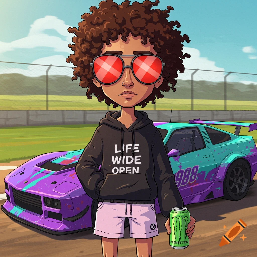 Cartoon boy with curly hair on a racetrack holding a Monster Energy drink, standing in front of a purple and teal race car.
