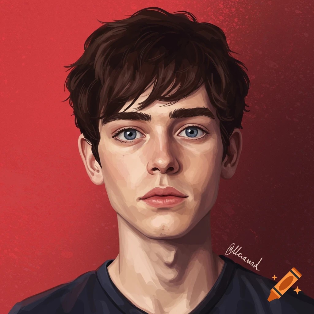 A young man with brown hair and blue eyes is positioned against a red background.