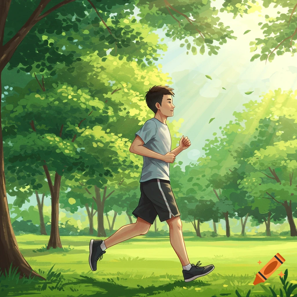 A man jogging through a sunny park with trees.