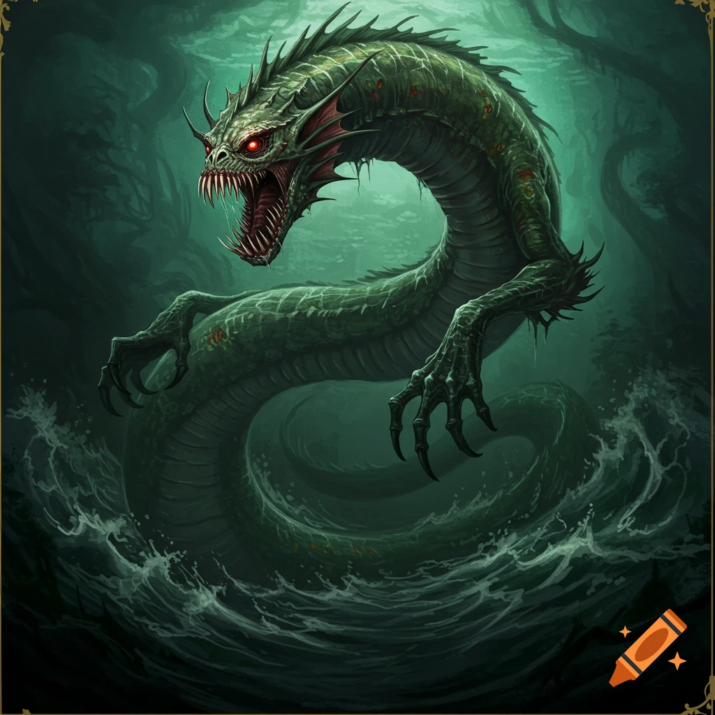 A large green sea monster with glowing red eyes emerges from dark water.