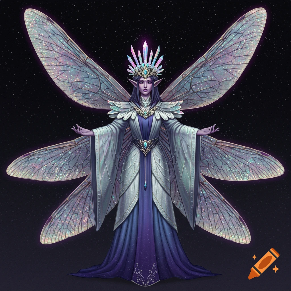 A fantasy figure with large shimmering wings, crystal crown, and ornate robes against a starry sky.