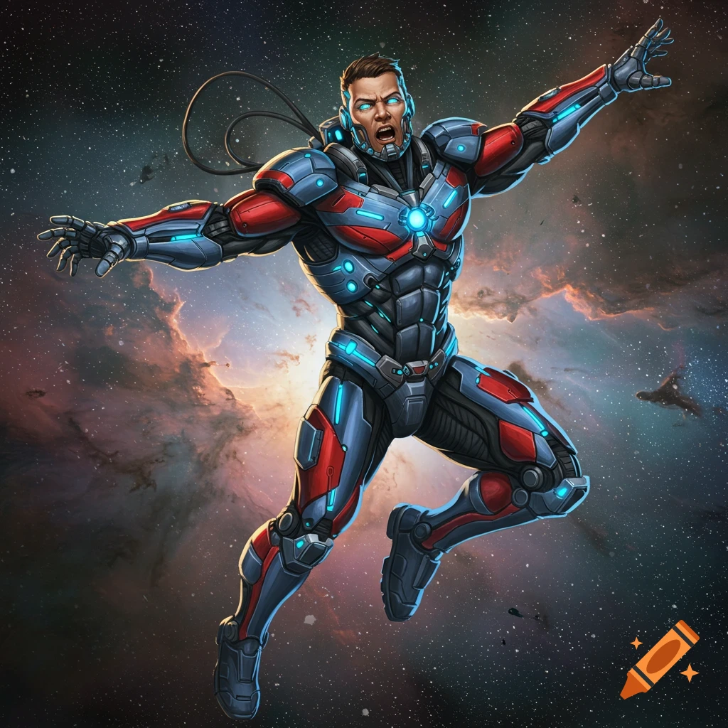 a futuristic action figure character floating in space