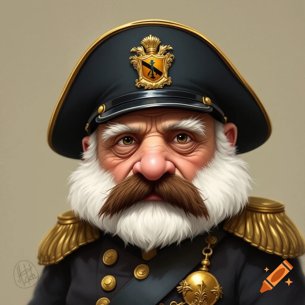 Stylized image of a man resembling Otto von Bismarck in a blue military uniform with a Pickelhaube hat and bushy white beard.