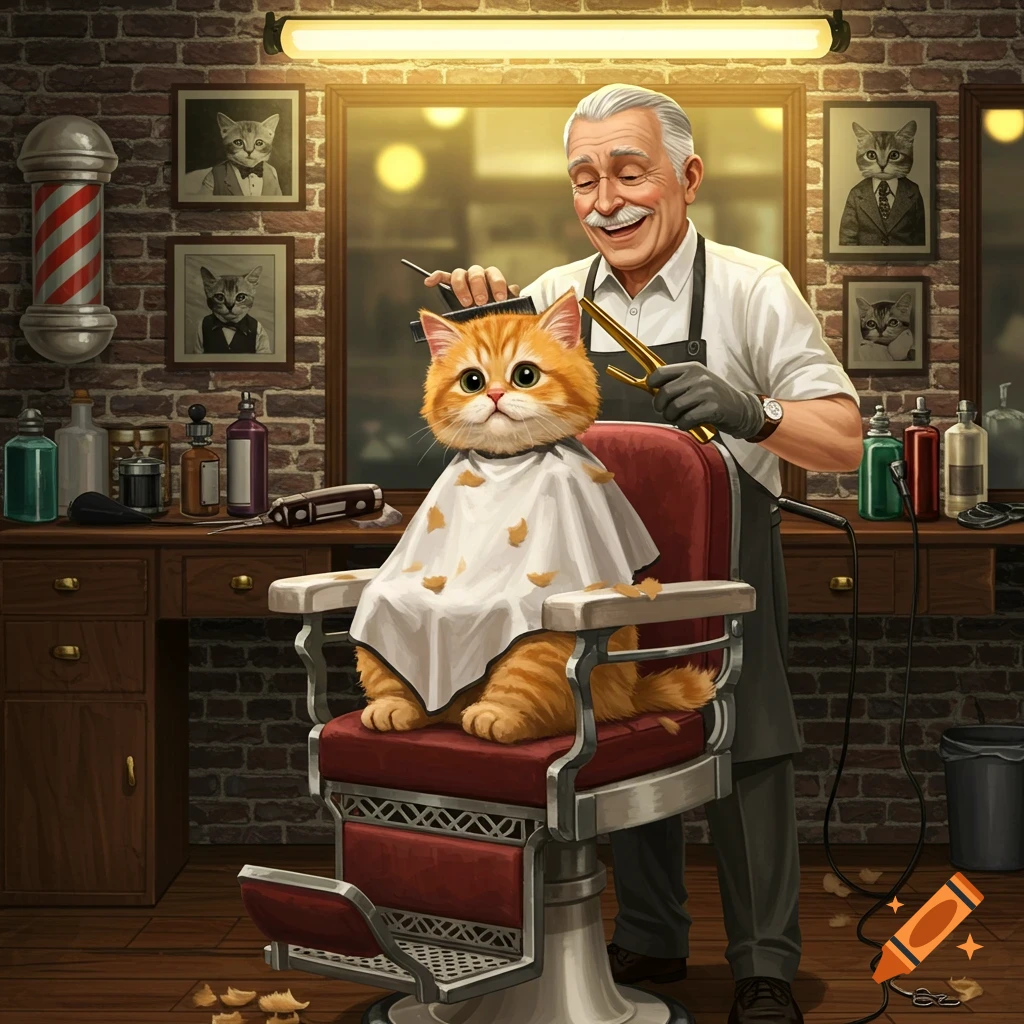 A cute orange kitten getting a haircut from a barber in a barbershop