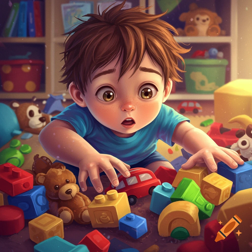 A young child plays with colorful building blocks and toys on the floor.
