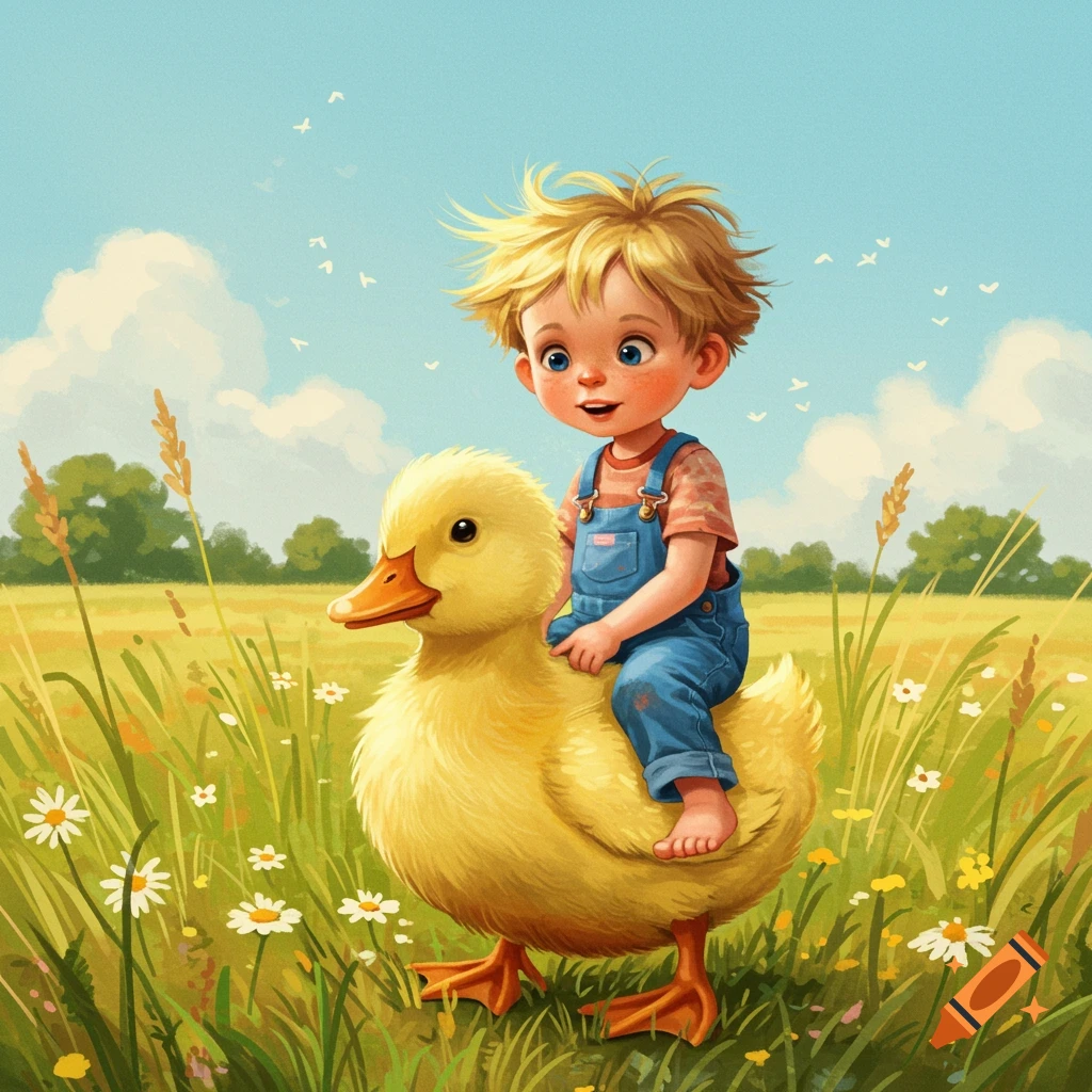 A boy riding a giant yellow duck through a field of tall grass and wildflowers.
