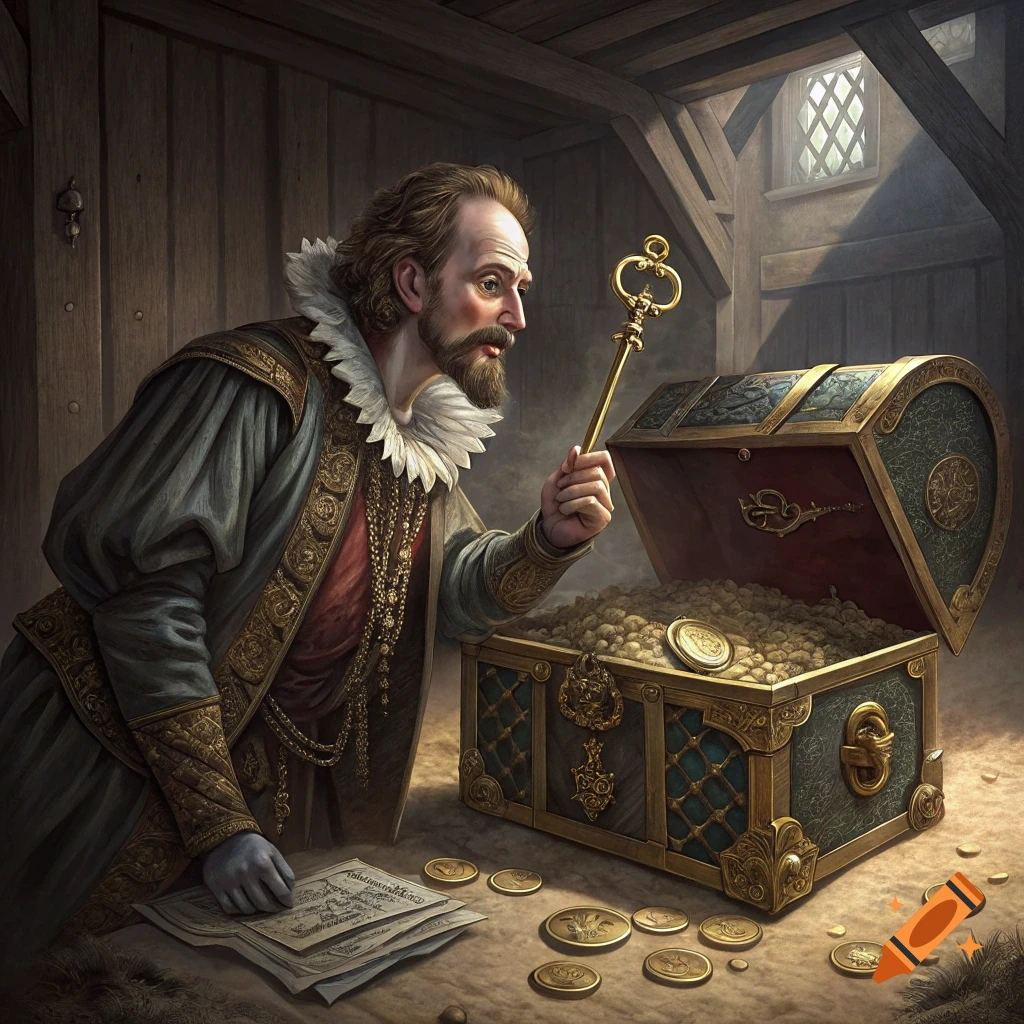 A man in historical clothing holds a large golden skeleton key, looking into a treasure chest overflowing with gold coins.