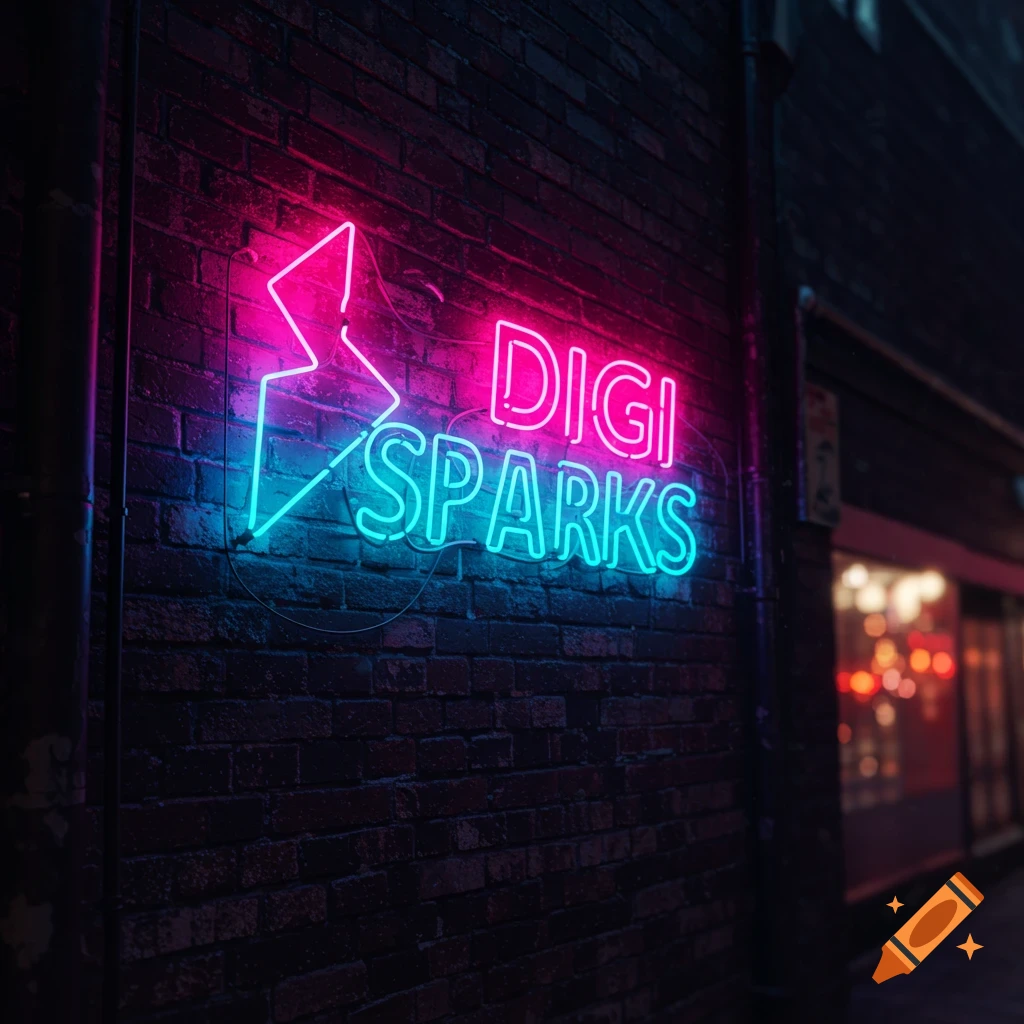A neon sign reading DIGI SPARKS is mounted on a brick wall at night.