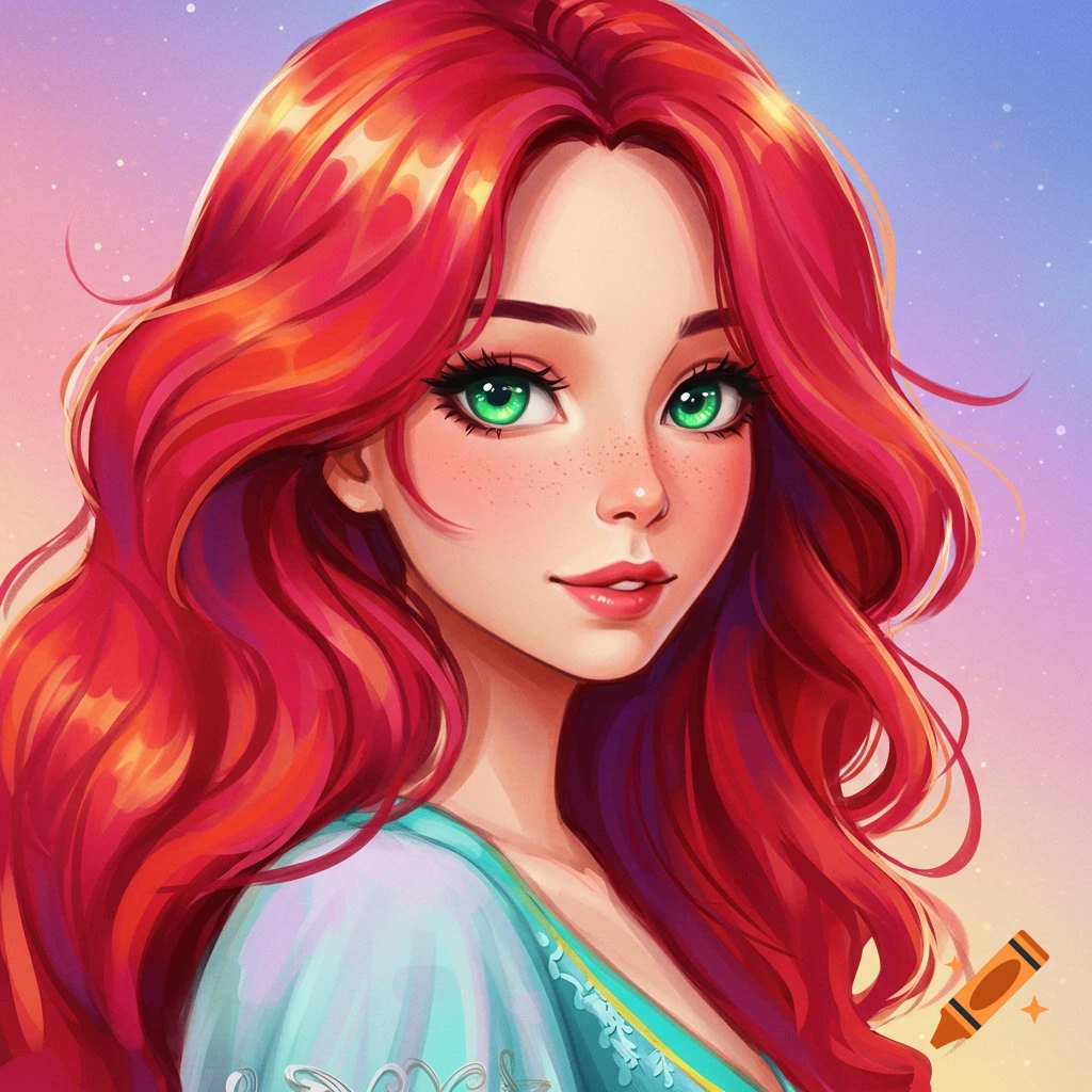 A red-haired girl with green eyes and freckles.
