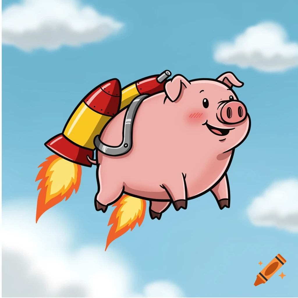 A cheerful cartoon pig flies through the sky wearing a red and yellow jetpack.