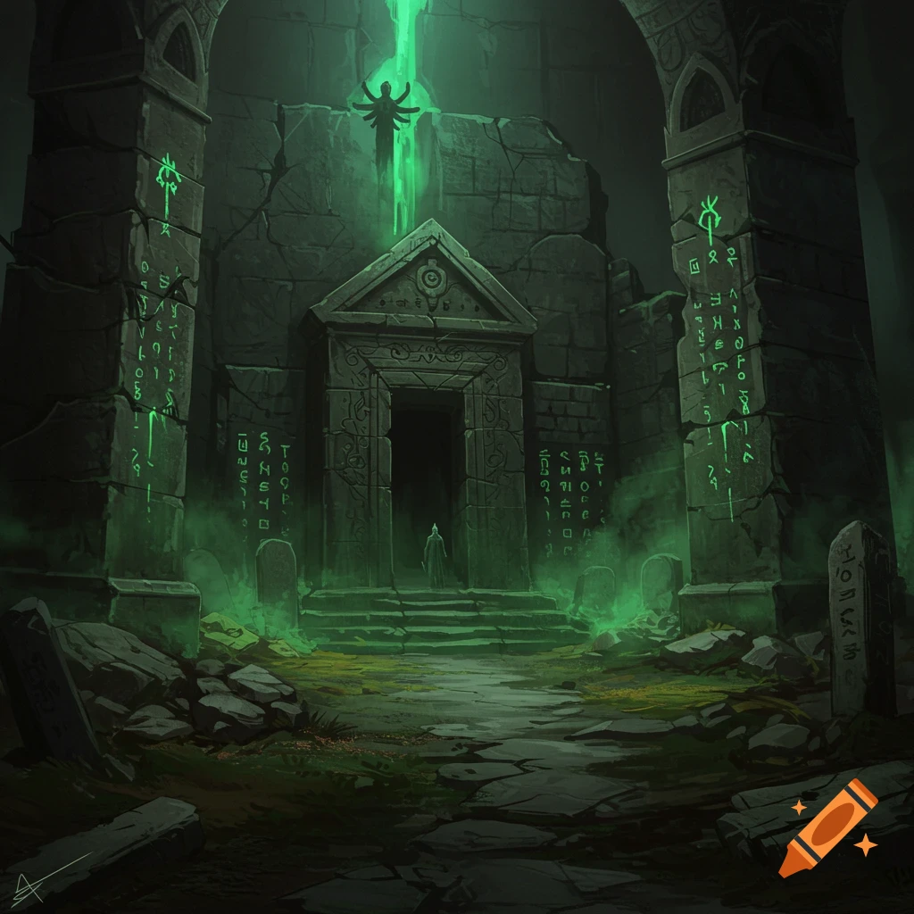 A dark image of an ancient stone tomb entrance with glowing green mist and symbols, and a small figure standing in the doorway.