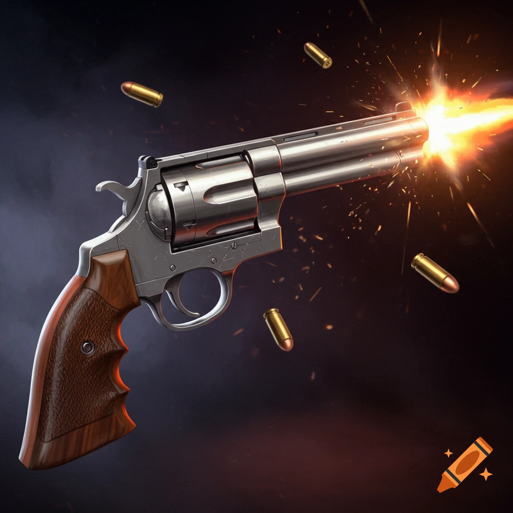 a revolver firing with bullets in the air