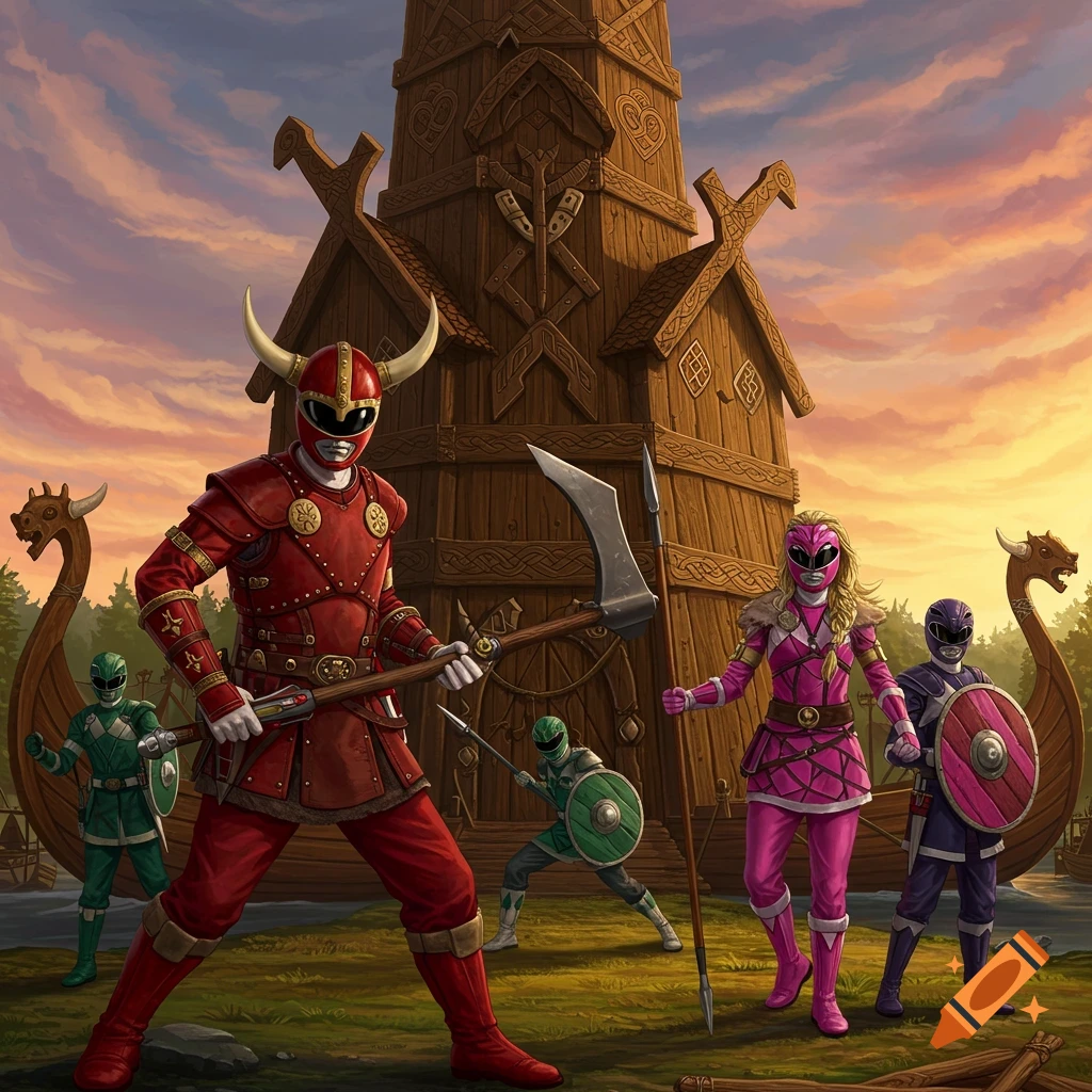Power Rangers dressed as Vikings with weapons stand near a large wooden structure and longship.