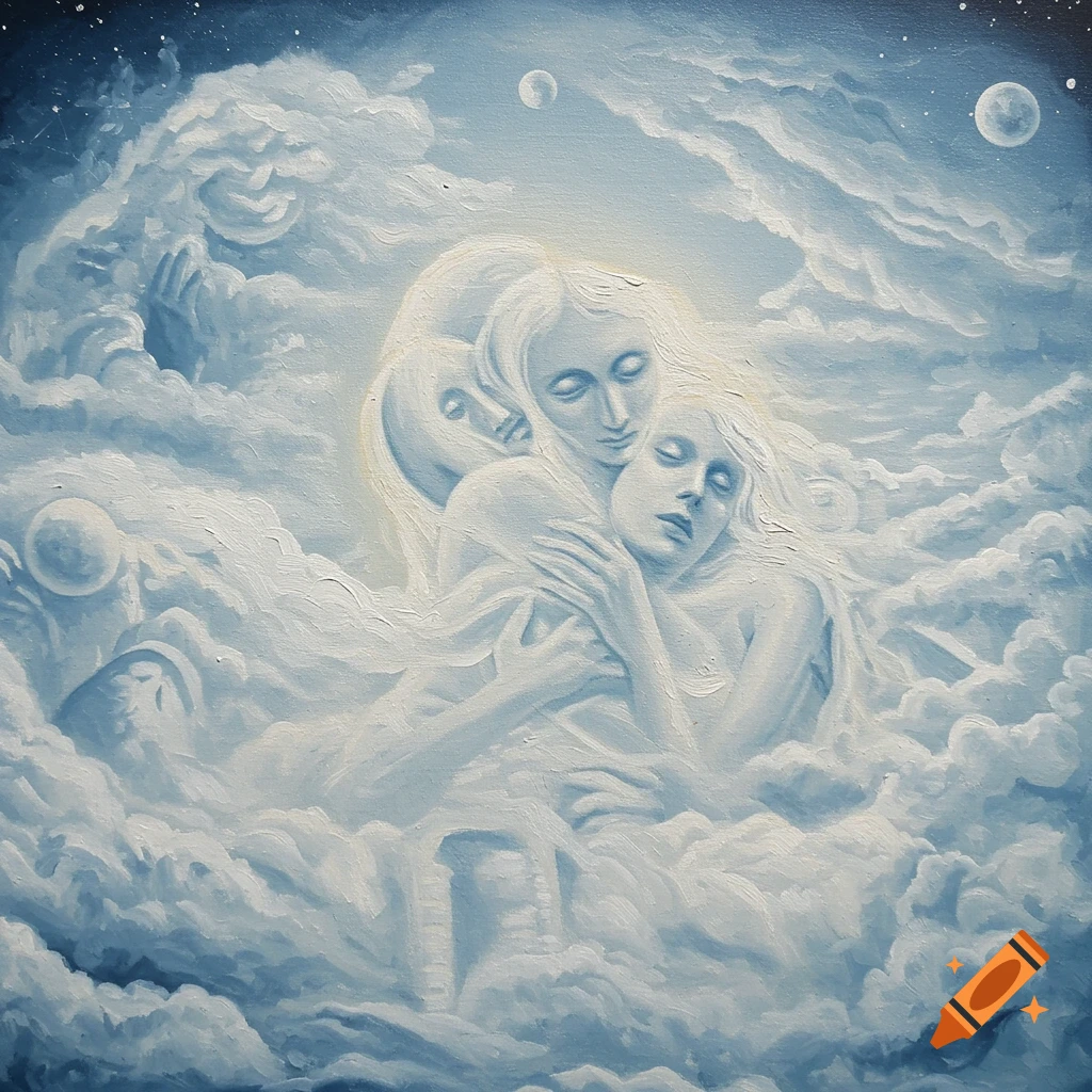 A painting of three figures embraced within clouds under a starry sky with celestial bodies